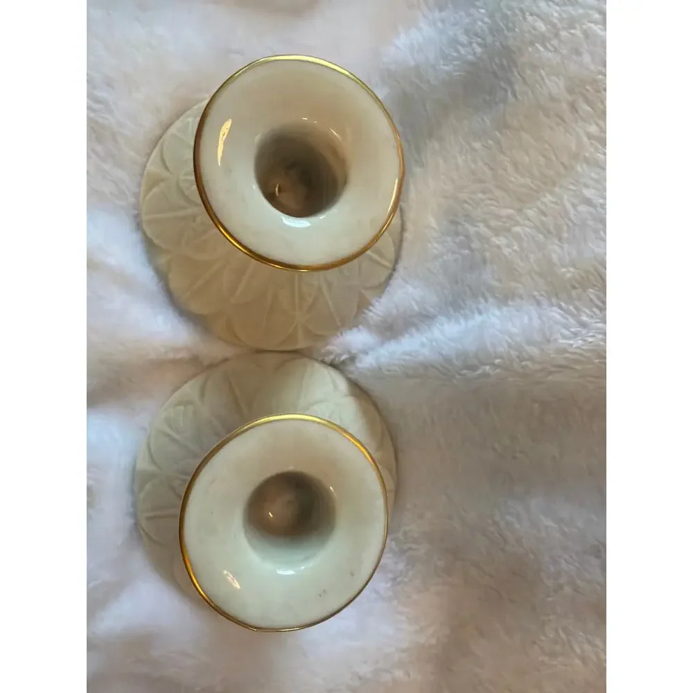 Pair Lenox Cream Gold Trim Feather Candle Holders Candlesticks Made USA 4.25